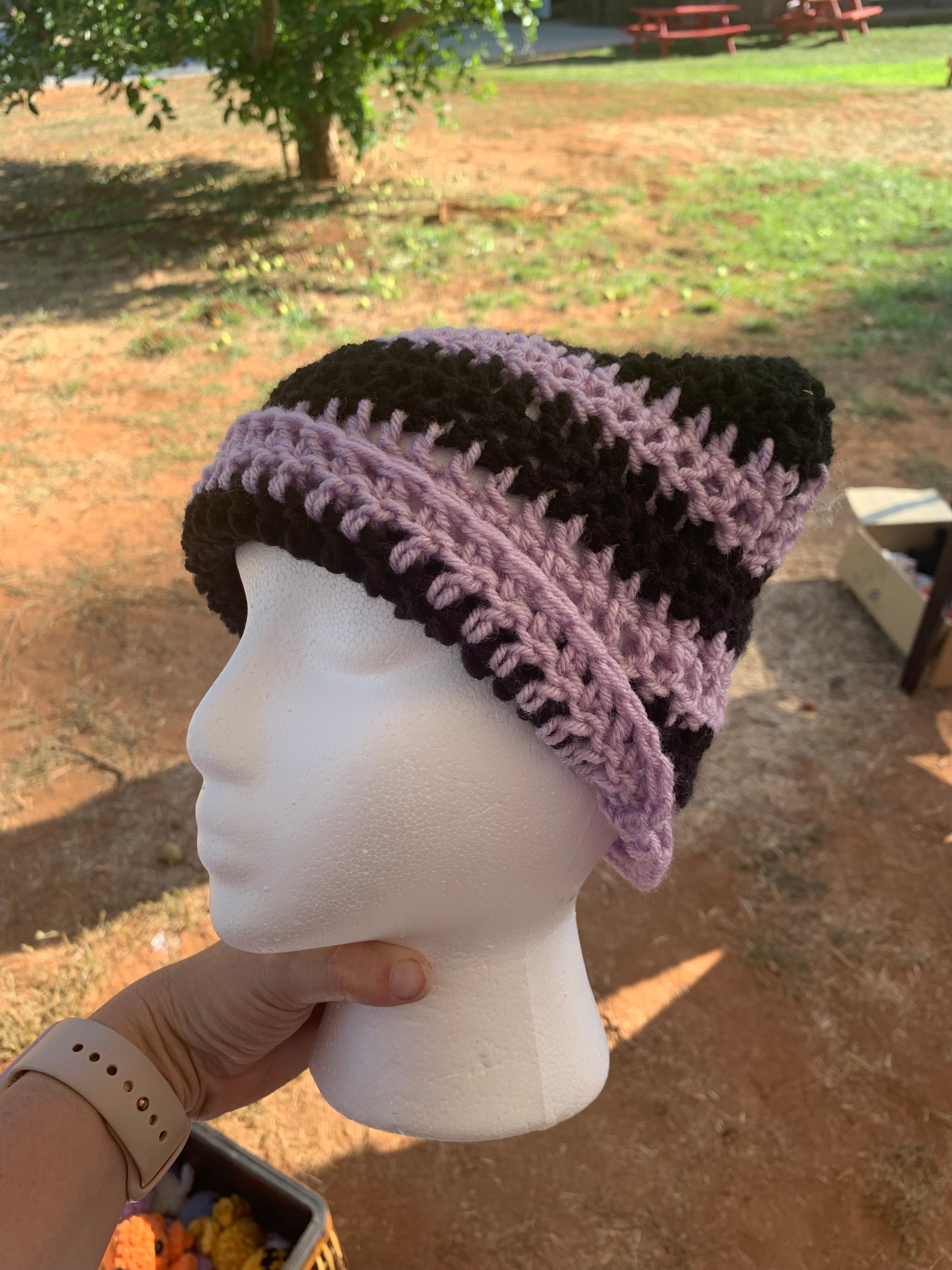Adult Purple and Black Cat Ear Beanie