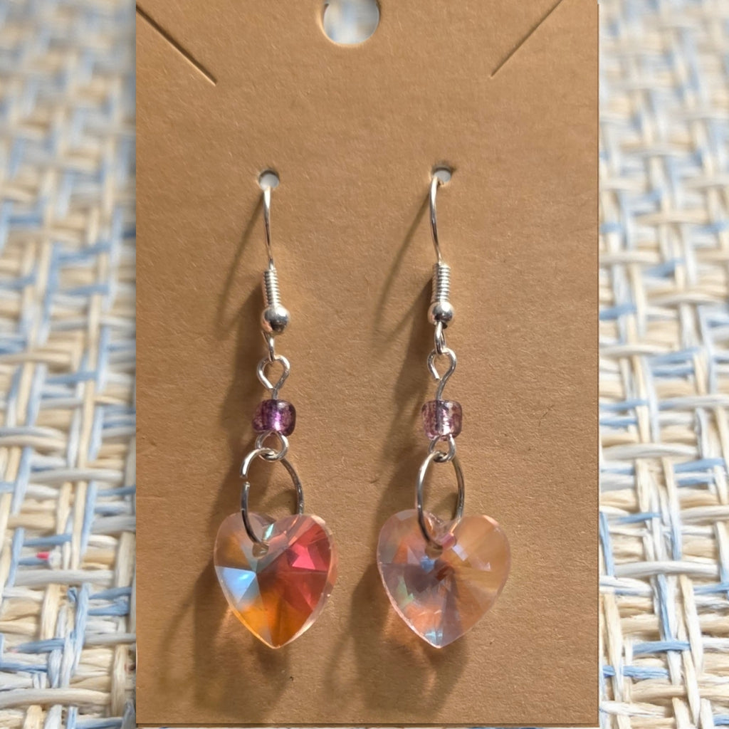 Pink Aurora Borealis Glass Heart Earrings
