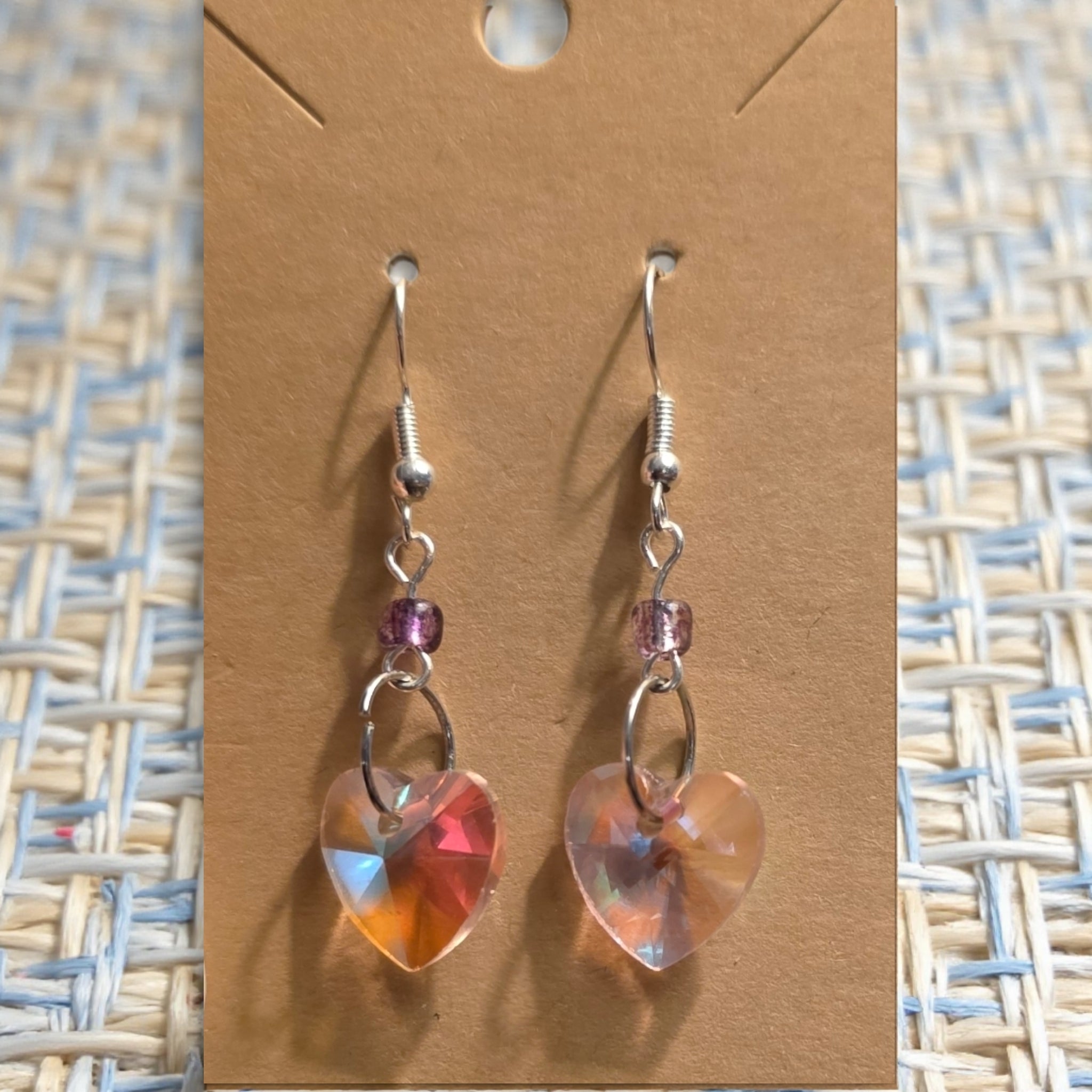 Pink Aurora Borealis Glass Heart Earrings