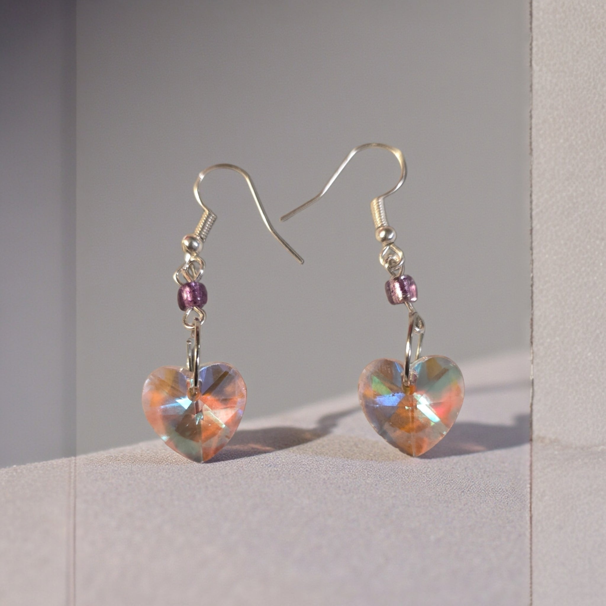 Pink Aurora Borealis Glass Heart Earrings