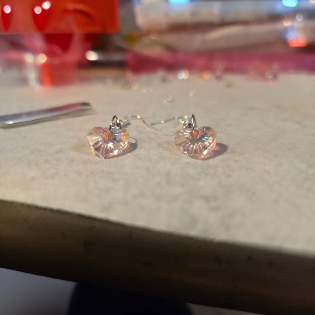 Pink Aurora Borealis Glass Heart Earrings